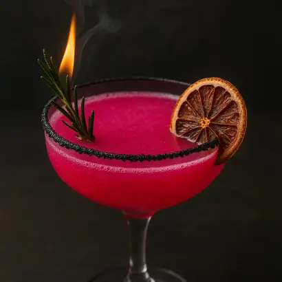A pink cocktail with a slice of desiccated grapefruit on the rim of a wine glass.
