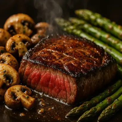 A delicious steak surrounded by mushrooms and asparagus