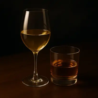 A glass of red wine next to a tumbler of whisky.